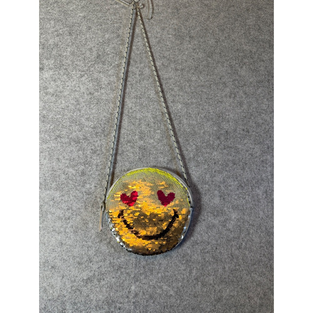 Gap Emoji Sequin Crossbody Bag Kids OS Yellow Silver Heart Eyes Excellent